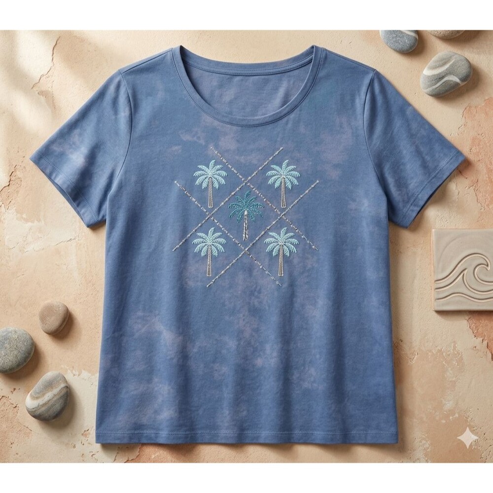 Coral Bay Women’s 1X Blue Palm Tree Tee Embroidered Sparkle Beaded Cloud Print